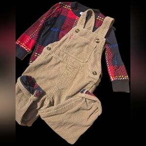 Tan Corduroy Overalls with Plaid Shirt